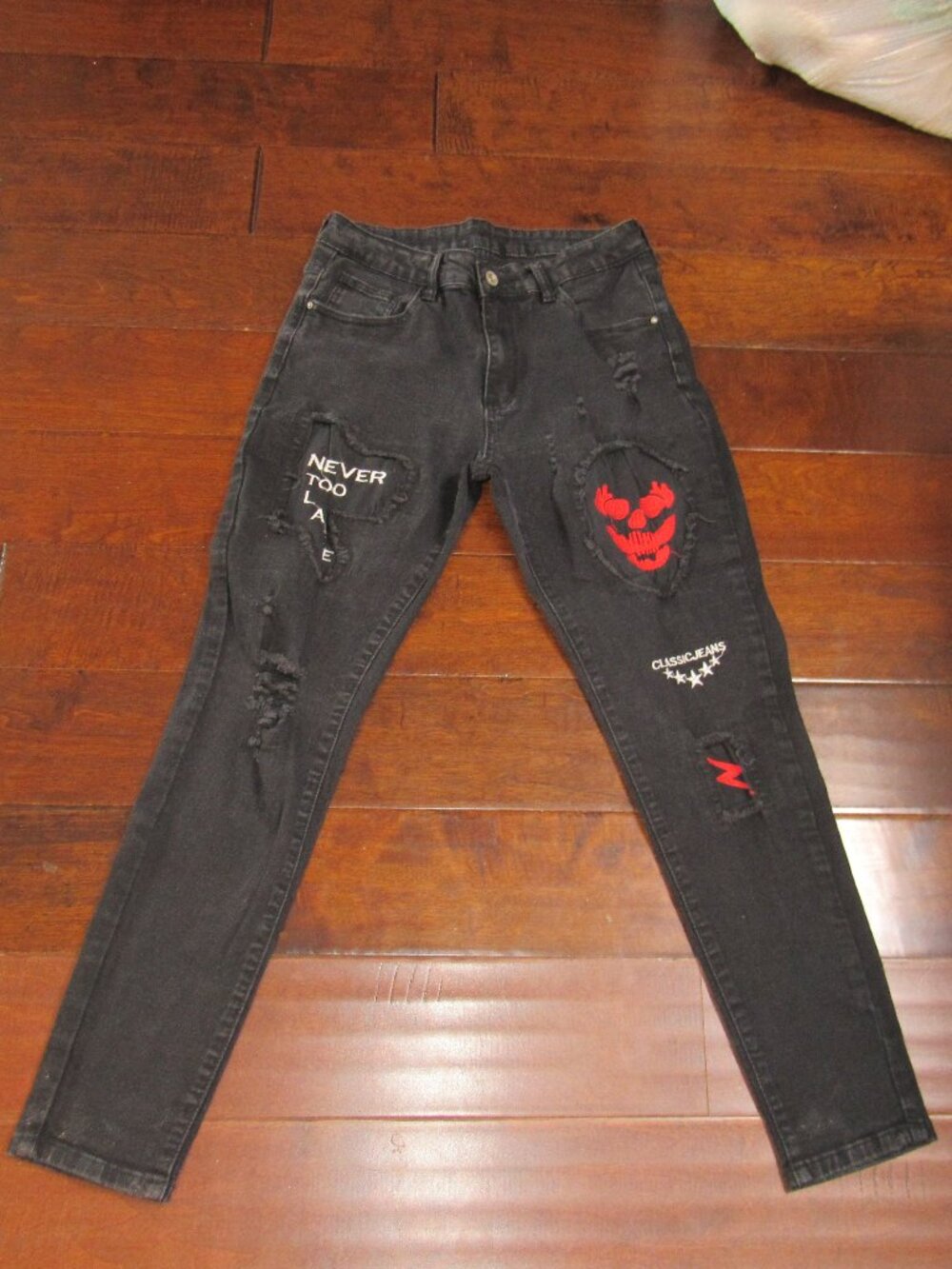 Black Distressed Graphic Skinny Jeans "Never Too Late" & Red Skull Size 30